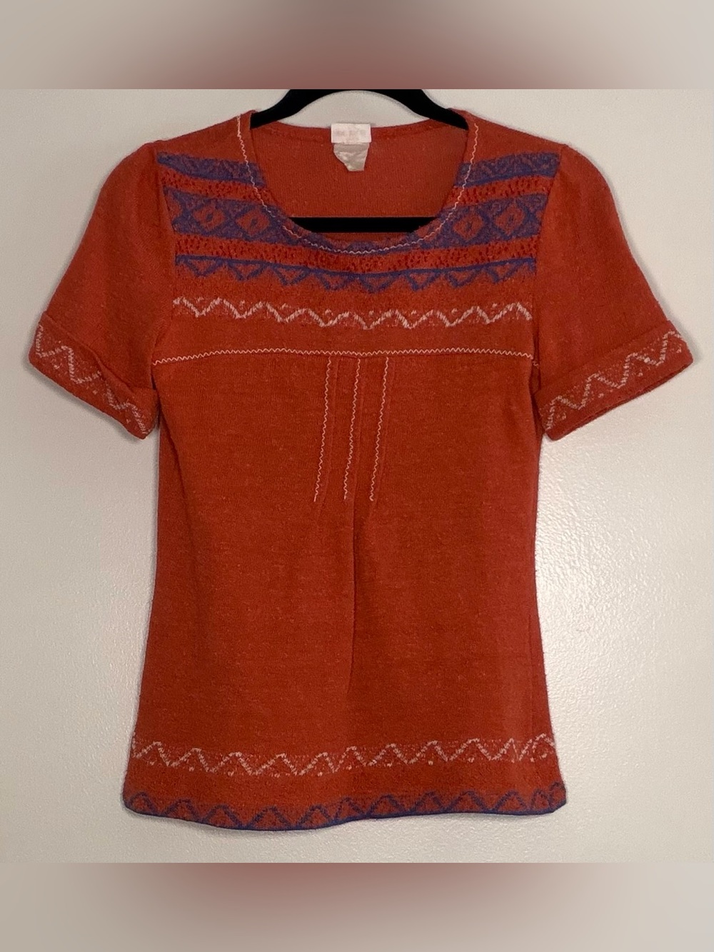 RARE Vintage 60s Embroidered Yoke Short Sleeve Knit Tee in Rust
